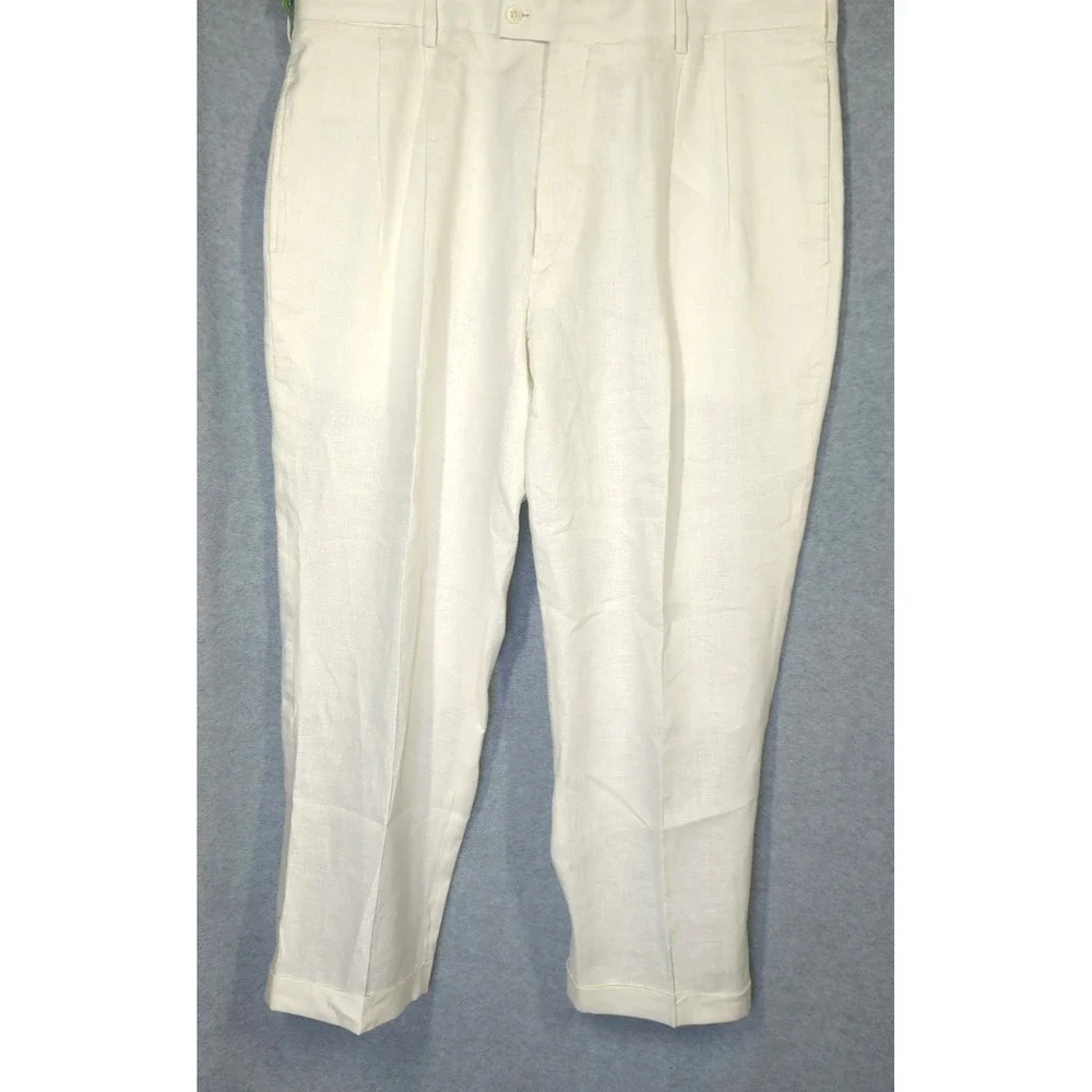 100% Linen Men Trouser Pant 40x30 Pleated Cuffed Ivory Classic Minimalist Money